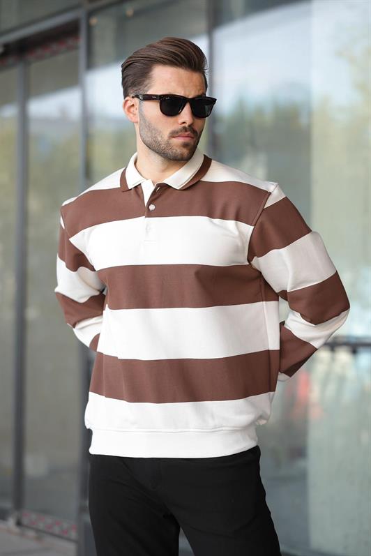 MDX Brown Striped Polo Neck Men's Sweater E7173 - Ampelókipoi