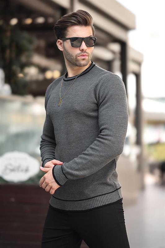 MDX Anthracite Bicycle Neck Stripe Detailed Long Sleeve Knit Sweater 7245 - Gloucester