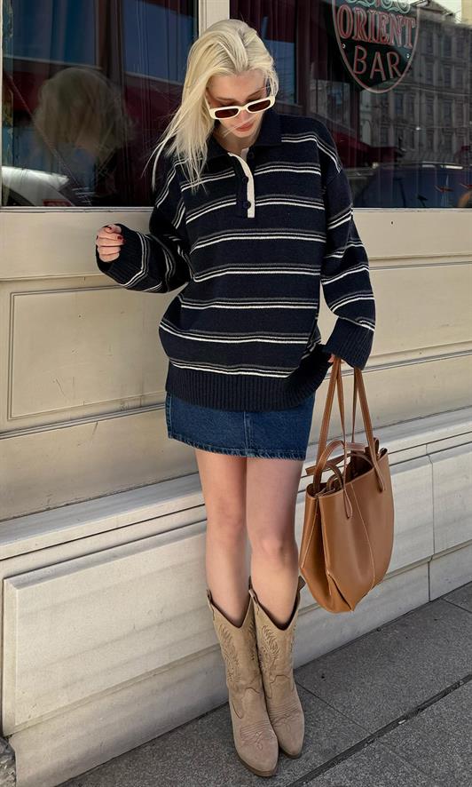 MDX Madmext Navy Striped Buttoned Polo Neck Sweater Mg2357 - Hardenberg