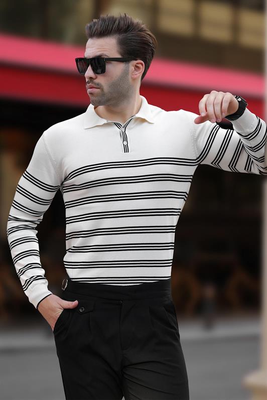 MDX White Buttoned Polo Neck Striped Long Sleeve Sweater 7270 - South Gate
