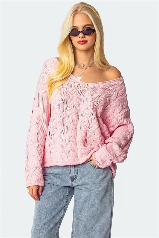 MDX Pembe V Yaka Örgü Desen Oversize Kadın Kazak Mg2519 - Brasschaat