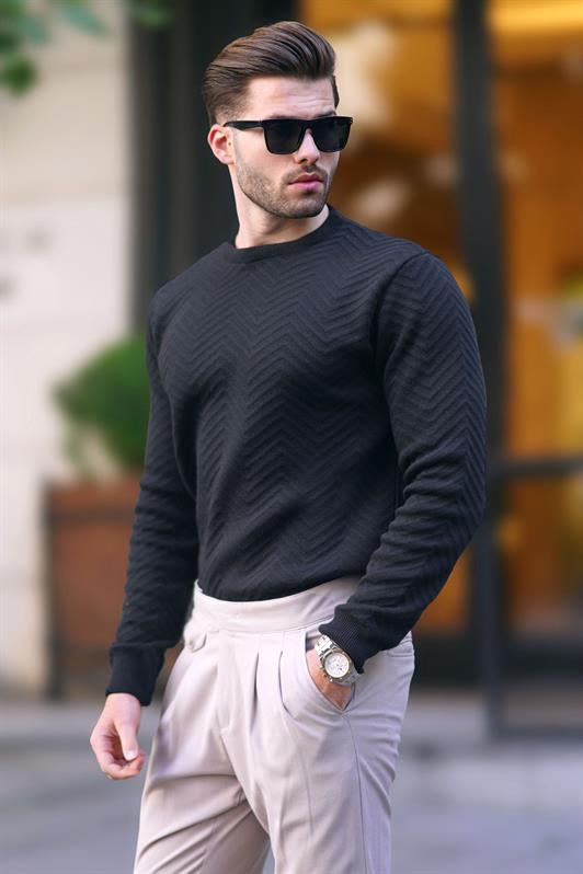 MDX Black Bicycle Collar Herringbone Patterned Long Sleeve Knitted Sweater 7219 - Playa del Carmen