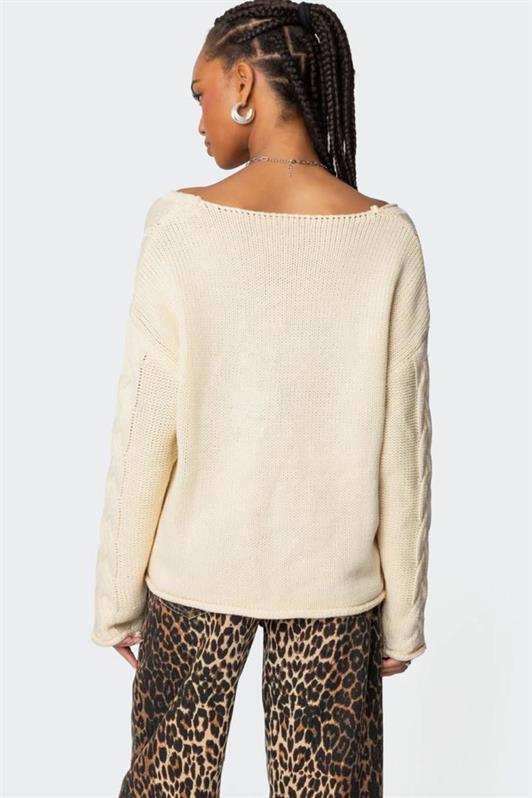 MDX Ecru V-Neck Knitted Pattern Oversized Women's Sweater Mg2519 - Rahovec
