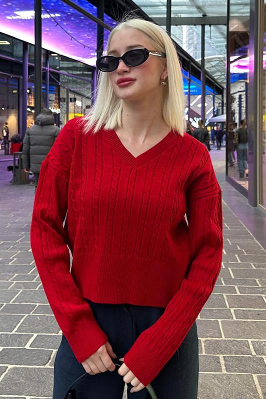 MDX Red V Neck Cable Knit Women's Sweater MG2258 - Akron