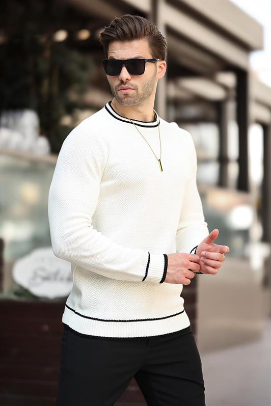 MDX Ecru Bicycle Neck Stripe Detailed Long Sleeve Knit Sweater 7245 - Brest