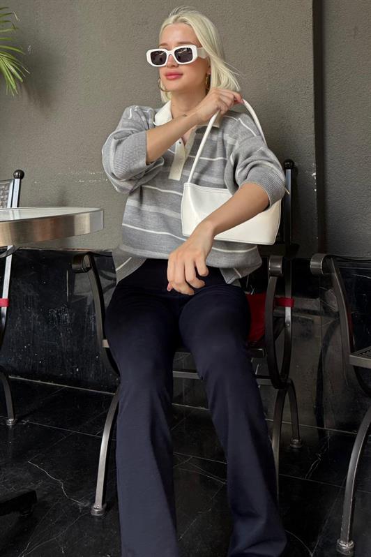 MDX Gri Çizgili Polo Yaka Kadın Kazak Mg2476 - Ludwigsburg