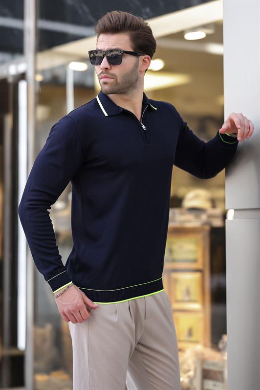 MDX Navy Blue Zippered Polo Neck Sweater with Striped Detail Long Sleeves 7267 - Schwabach