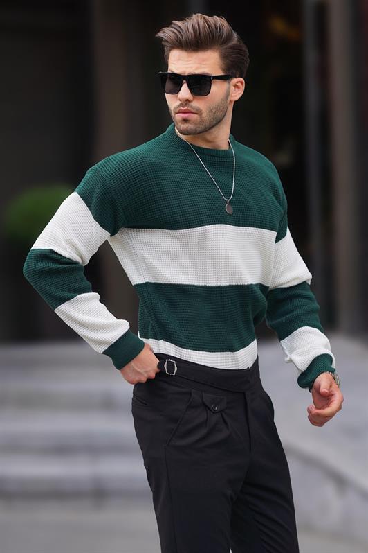 MDX Green Bicycle Collar Color Block Long Sleeve Knit Sweater 7236 - Cento
