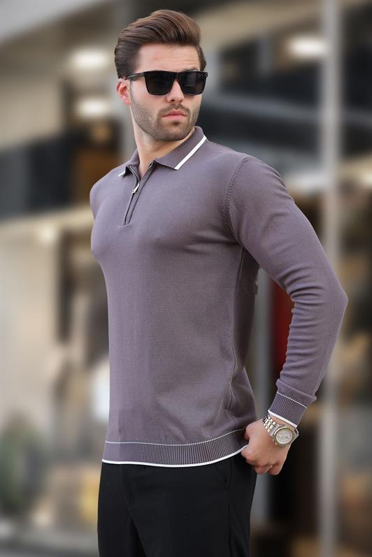 MDX Dark Grey Zippered Polo Collar Sweater with Line Detail Long Sleeves 7267 - Constanţa