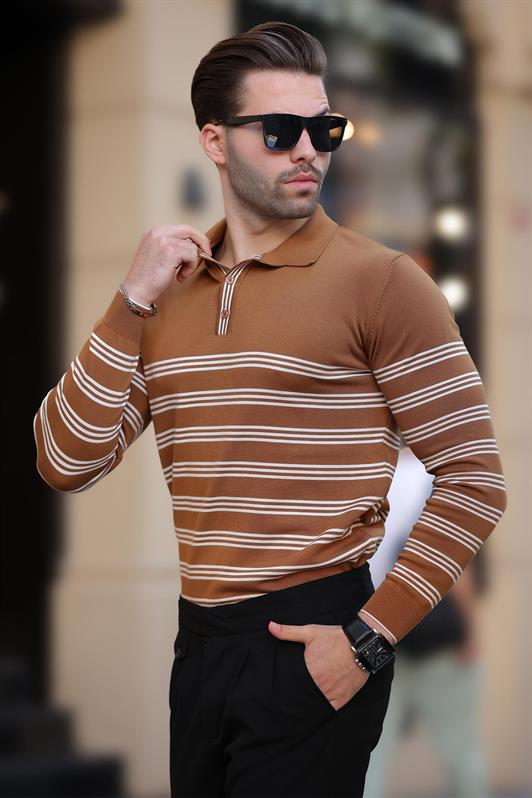 MDX Brown Buttoned Polo Collar Striped Long Sleeve Sweater 7270 - Santarém