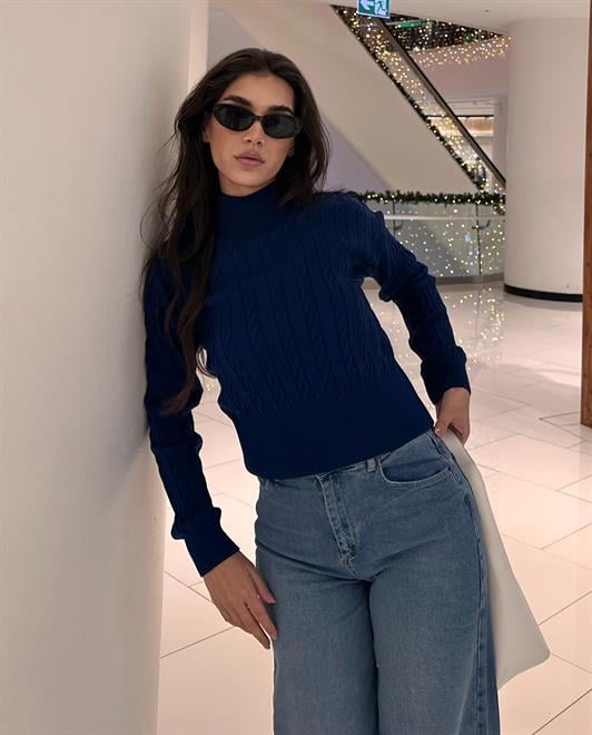 MDX Navy Half Fisherman Collar Braided Knit Women's Sweater MG2257 - Tizayuca