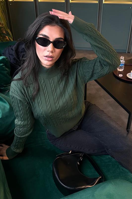 MDX Green Half Fisherman Collar Braided Knit Women's Sweater MG2257 - Greensboro