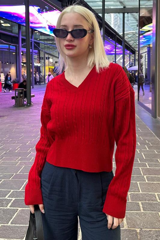 MDX Red V Neck Cable Knit Women's Sweater MG2258 - Akron