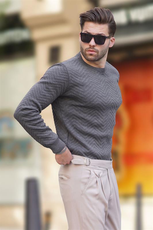 MDX Anthracite Bicycle Neck Fishbone Patterned Long Sleeve Knit Sweater 7219 - Apple Valley