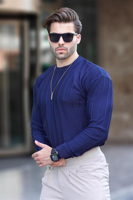 MDX Navy Blue Striped Long Sleeve Sweater with Bicycle Neckline 7244 - Sunderland