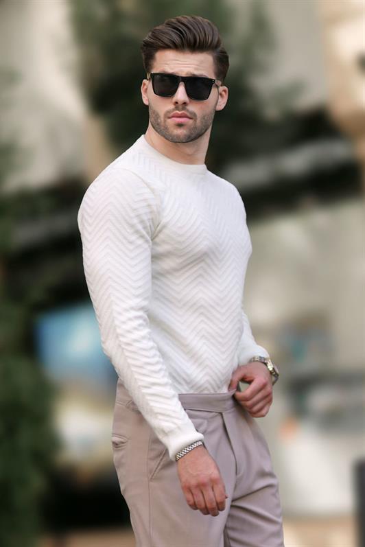 MDX White Bicycle Collar Fishbone Patterned Long Sleeve Knit Sweater 7219 - Aves