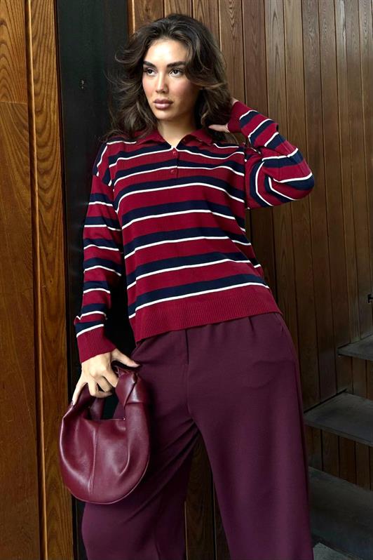 MDX Burgundy Striped Polo Neck Buttoned Women's Sweater MG2561 - Brindisi