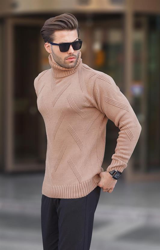 MDX Camel High Neck Long Sleeve Patterned Knit Sweater 7279 - Carpentersville
