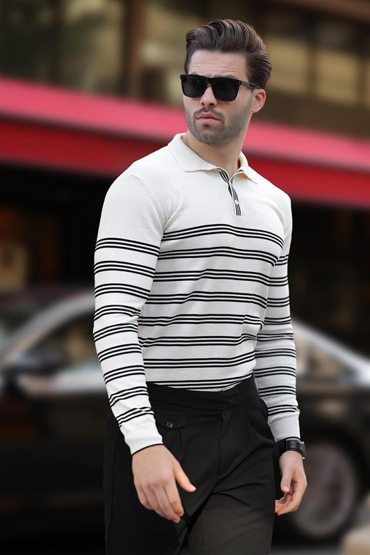 MDX White Buttoned Polo Neck Striped Long Sleeve Sweater 7270 - South Gate