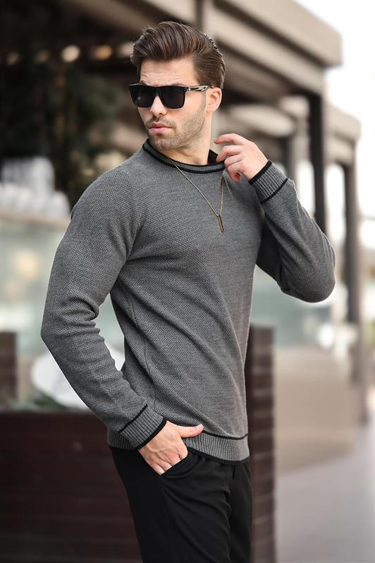 MDX Anthracite Bicycle Neck Stripe Detailed Long Sleeve Knit Sweater 7245 - Gloucester