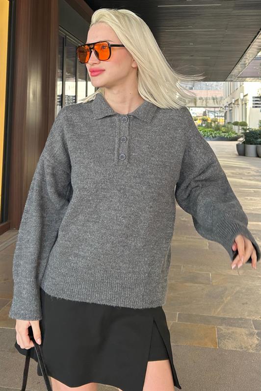 MDX Anthracite Buttoned Polo Neck Women's Sweater Mg2307 - Landgraaf