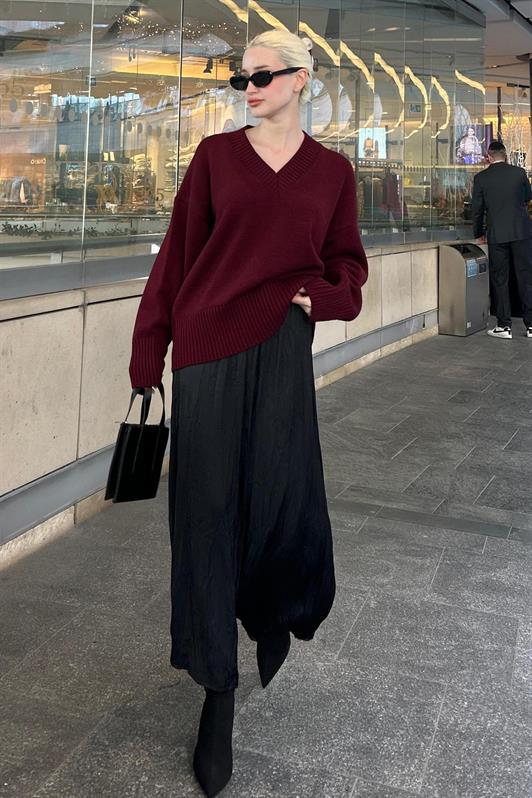 MDX Koyu Bordo V Yaka Oversize Kadın Triko Kazak MG2149 - Royal Palm Beach