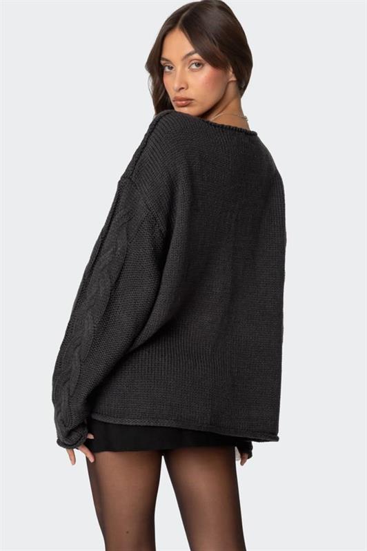 MDX Antrasit V Yaka Örgü Desen Oversize Kadın Kazak Mg2519 - Isla