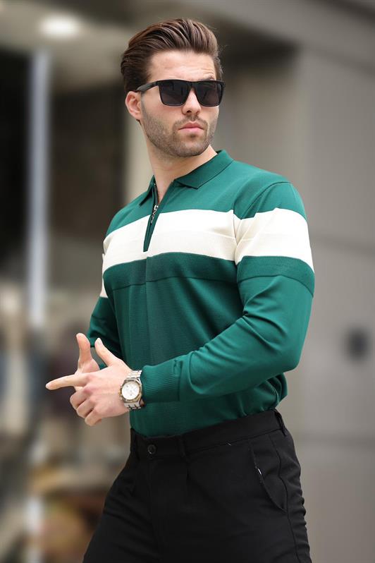 MDX Green Zippered Polo Collar Striped Long Sleeve Sweater E7288 - Veenendaal