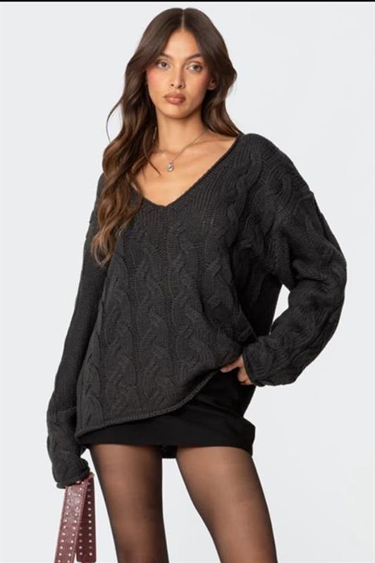 MDX Antrasit V Yaka Örgü Desen Oversize Kadın Kazak Mg2519 - Isla