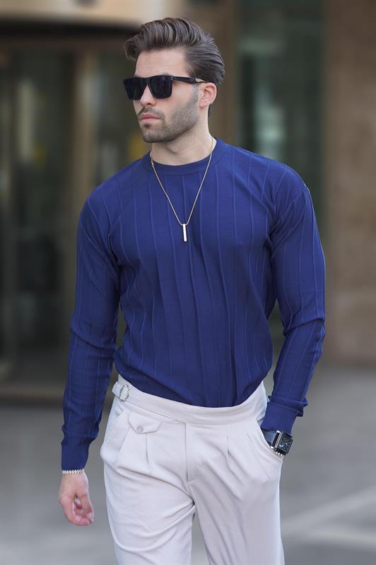 MDX Navy Blue Striped Long Sleeve Sweater with Bicycle Neckline 7244 - Sunderland