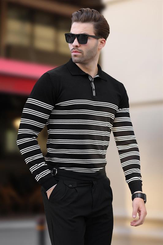 MDX Black Buttoned Polo Collar Striped Long Sleeve Sweater 7270 - Lleida