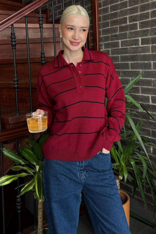 MDX Bordo Çizgili Polo Yaka Kadın Triko Kazak MG2470 - Apan