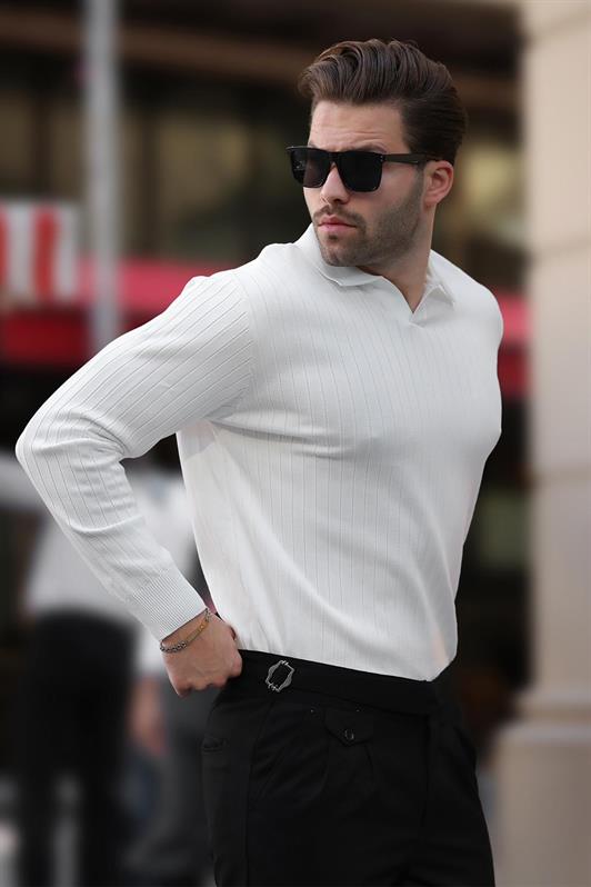 MDX White Striped Long Sleeve Polo Neck Sweater 7239 - Cincinnati