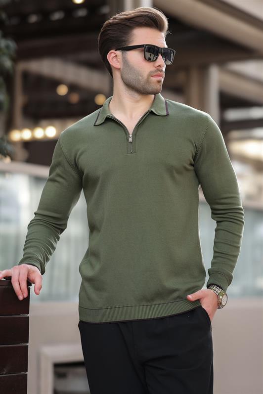 MDX Haki Zippered Polo Neck Sweater with Line Detail Long Sleeve 7267 - Ninove