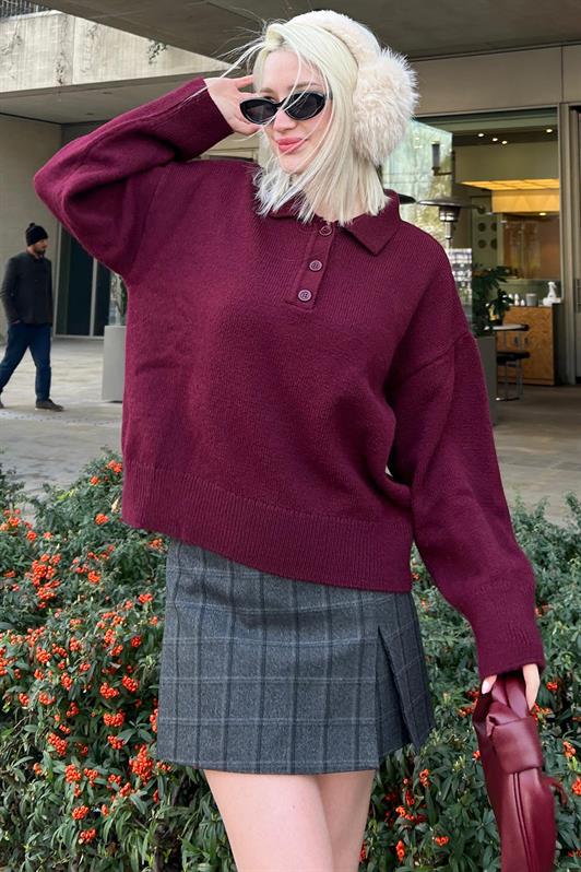 MDX Burgundy Buttoned Polo Neck Women's Sweater Mg2307 - Bartlesville