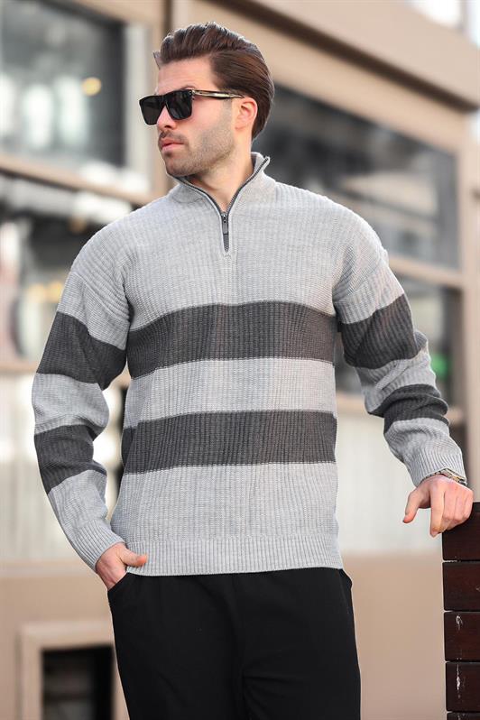 MDX Gray Zip Neck Striped Men's Sweater E7272 - Leipzig