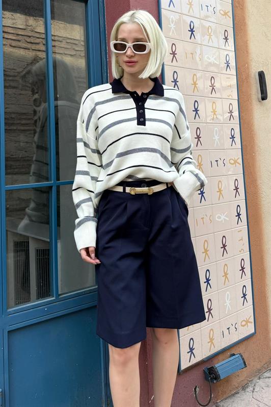 MDX Kemik Rengi Çizgili Polo Yaka Kadın Kazak Mg2476 - Atascocita