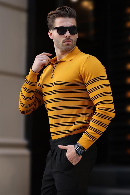 MDX Mustard Buttoned Polo Neck Striped Long Sleeve Sweater 7270 - Kryvyi Rih