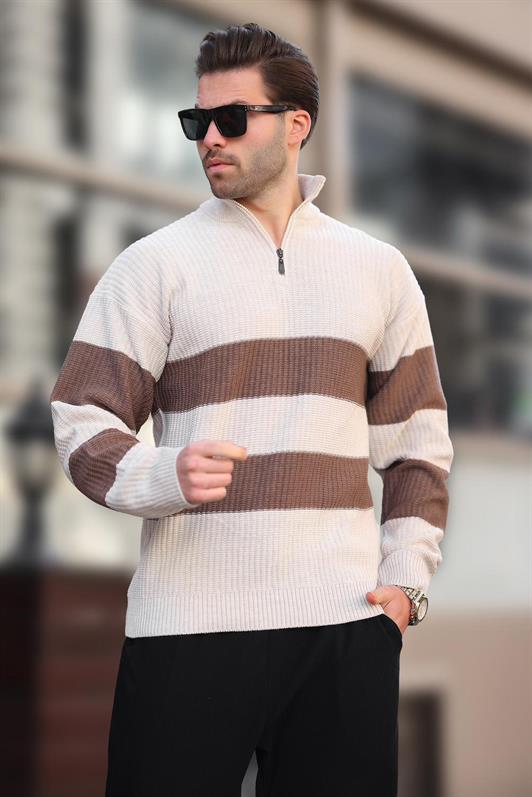 MDX Stone Color Zip Neck Striped Men's Sweater E7272 - Woerden