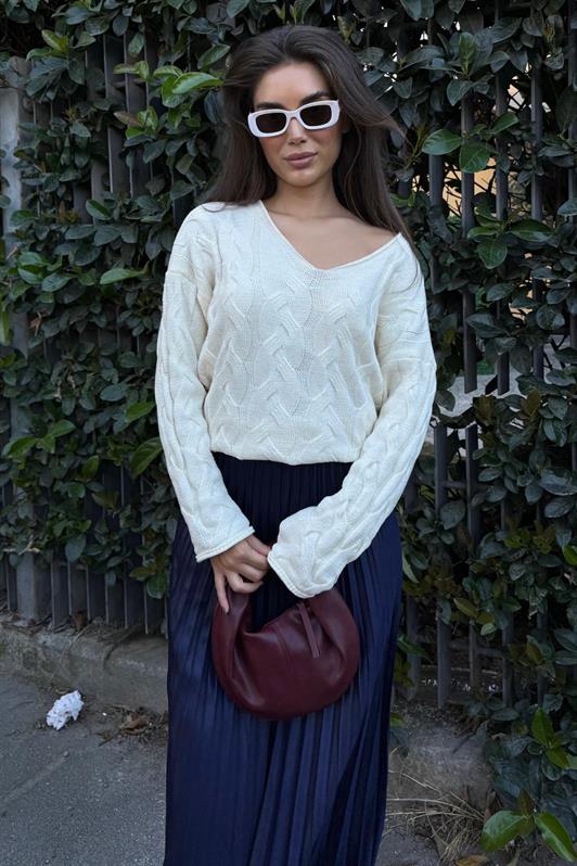 MDX Ekru V Yaka Örgü Desen Oversize Kadın Kazak Mg2519 - Country Club
