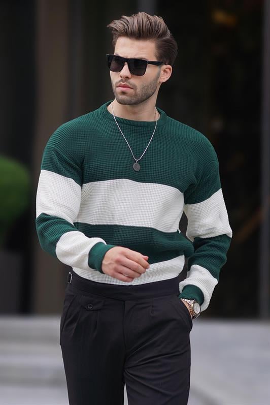 MDX Green Bicycle Collar Color Block Long Sleeve Knit Sweater 7236 - Cento