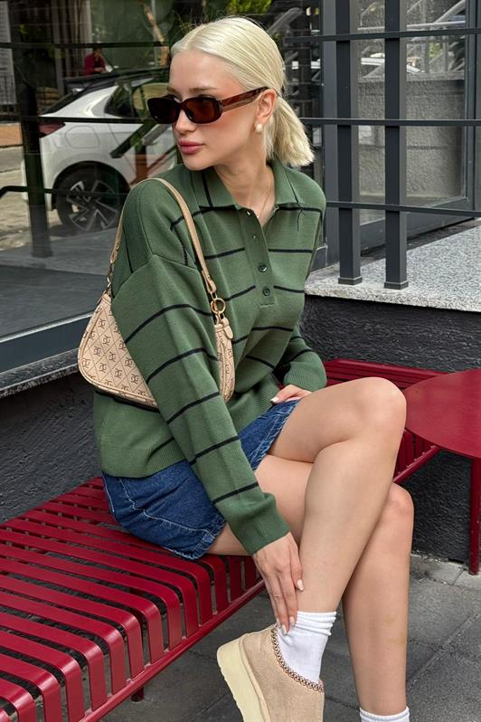 MDX Melanj Yeşili Çizgili Polo Yaka Kadın Triko Kazak MG2470 - Paraíso