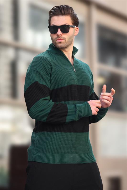 MDX Green Zip Neck Striped Men's Sweater E7272 - Apeldoorn