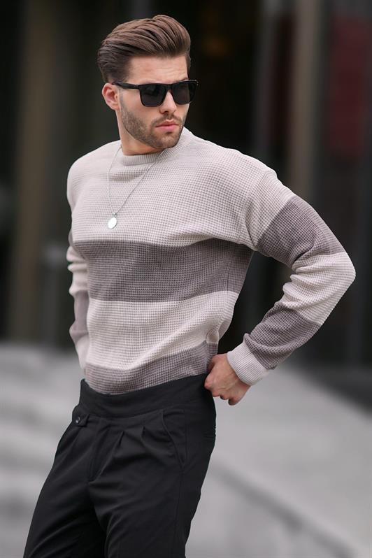 MDX Beige Bicycle Collar Color Block Long Sleeve Knit Sweater 7236 - Unna