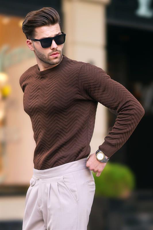MDX Brown Bicycle Collar Herringbone Patterned Long Sleeve Knitted Sweater 7219 - Zacatelco