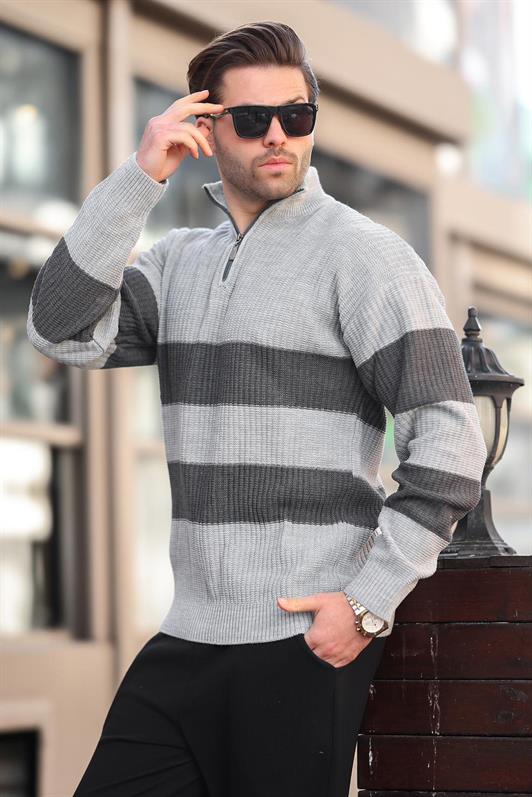 MDX Gray Zip Neck Striped Men's Sweater E7272 - Leipzig