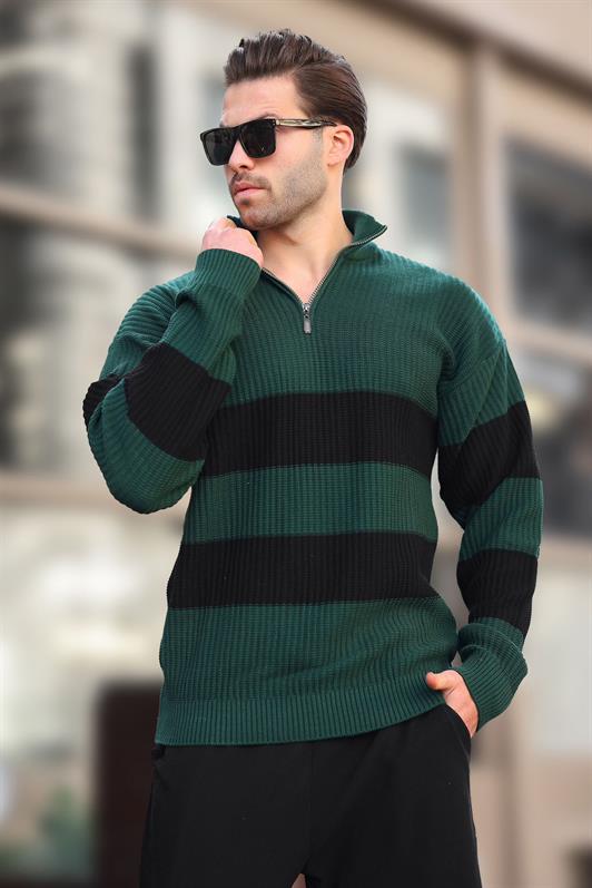 MDX Green Zip Neck Striped Men's Sweater E7272 - Apeldoorn