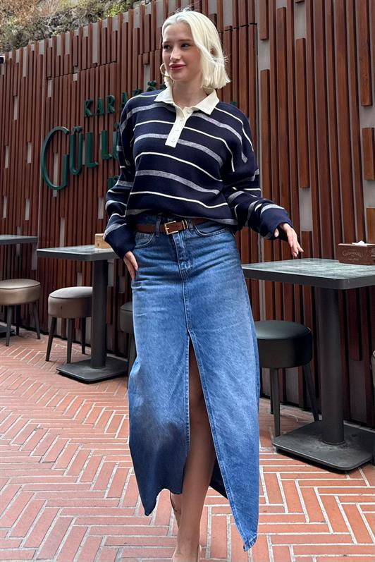 MDX Lacivert Çizgili Polo Yaka Kadın Kazak Mg2476 - Ixtapaluca