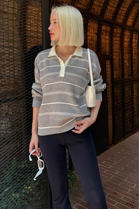 MDX Gri Çizgili Polo Yaka Kadın Kazak Mg2476 - Ludwigsburg