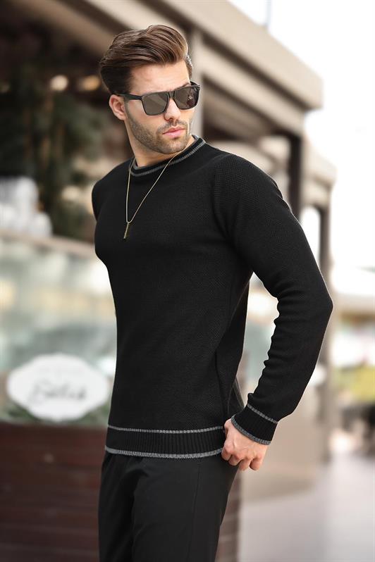 MDX Black Sweater with Bicycle Collar Stripe Detail Long Sleeve Knit Sweater 7245 - Santa Eulalia del Río